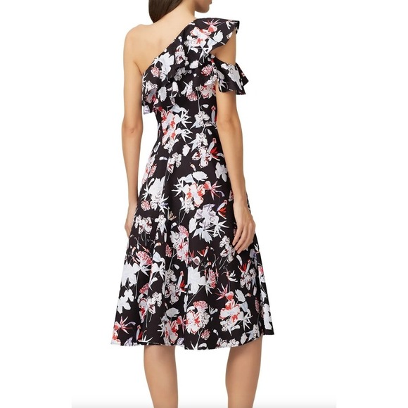 Jason Wu Collection Floral One Shoulder Ruffle Dress Black White Red Size 2 - Picture 3 of 8